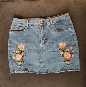 Guess Light Blue Denim Mini Skirt with Pink Rose Embroidery